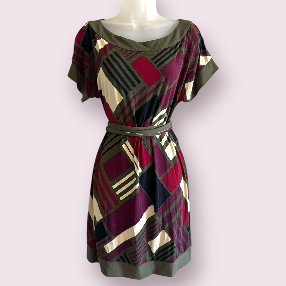 Max & Cleo Olive Red Geometric Print Belted Dress Size XS